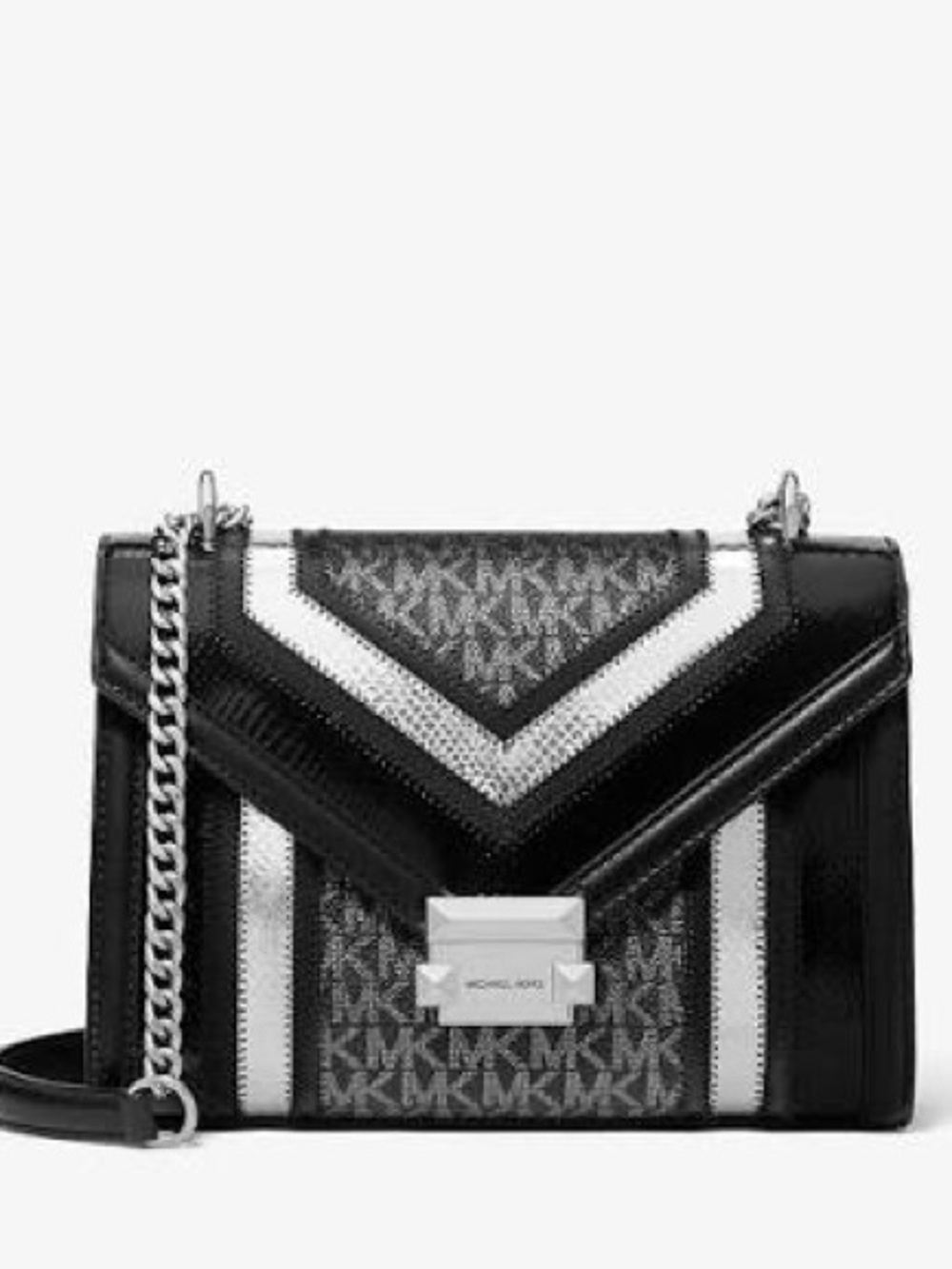 Michael Kors Whitney $628 Crossboy Leather Bag Black Silver Snake NWT Leather Sn